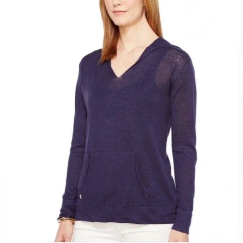 Lilly Pulitzer Medina 100% Linen Hooded Sweater in Navy Blue Size Small